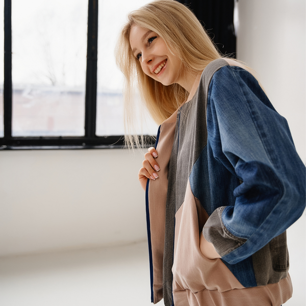 Upcycled denim colorblock bomber  6 photo