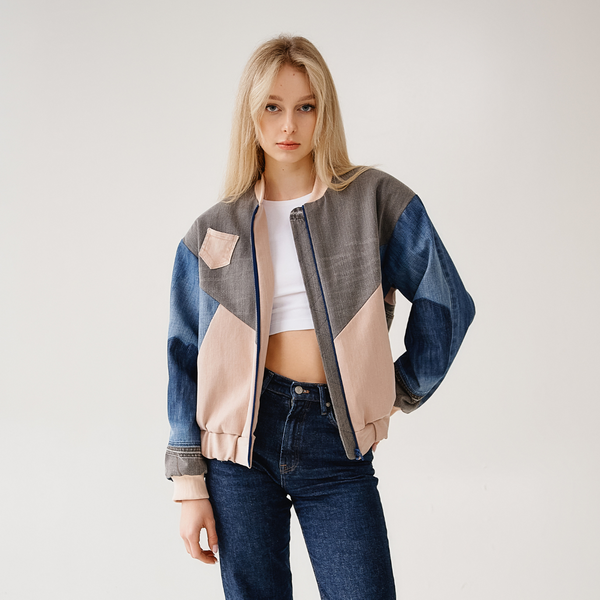 Upcycled denim colorblock bomber  6 photo