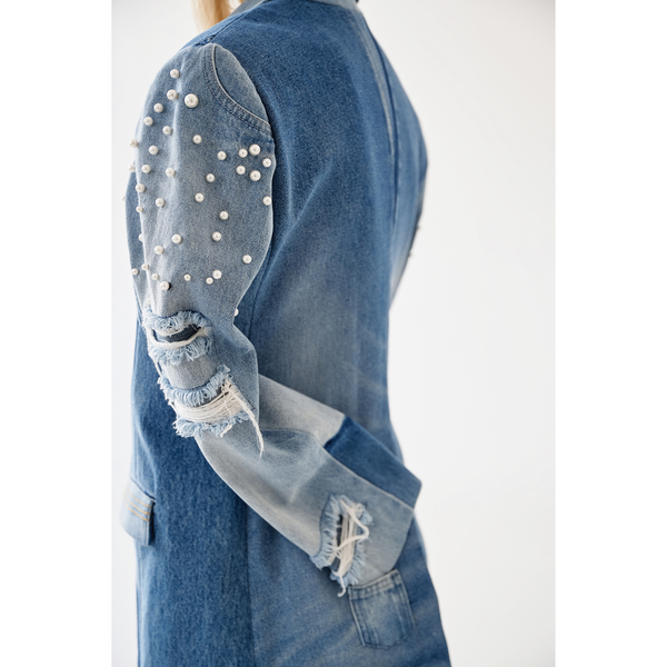 Classic upcycled denim blazer "Pearls and Holes" 41 photo