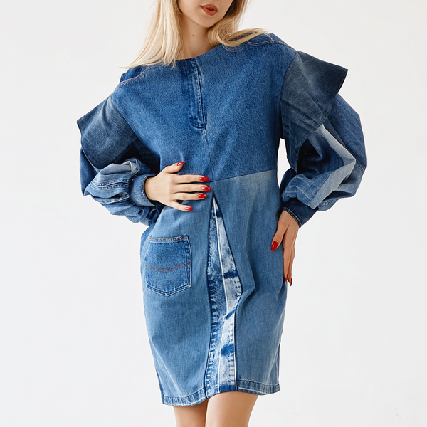 Upcycled denim dress with puff sleeves "The only one" 43 photo