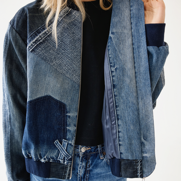 Upcycled denim the only one bomber "Criss Cross" 28 photo